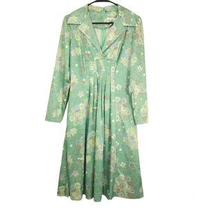 Vintage 70's Ricano Jade Green Floral Print Pleat Front Collared Midi Dress 10?